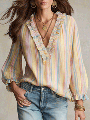 Pastel Stripe Ruffle Trim Bohemian Blouse | Resort Wear