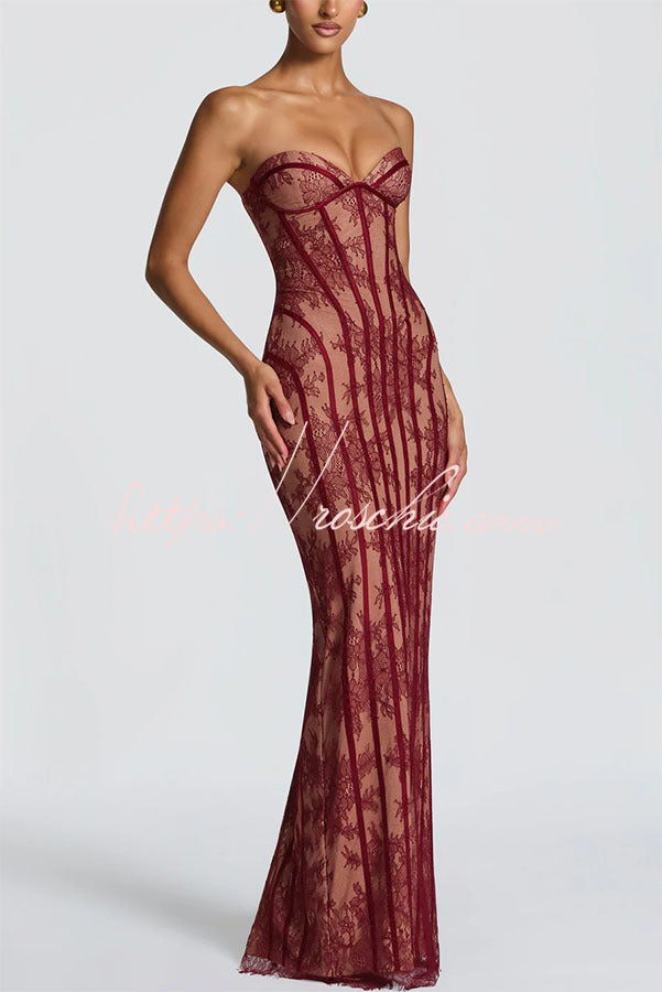 Floral Lace Strapless Maxi Dress with Lace-Up Back & Slit