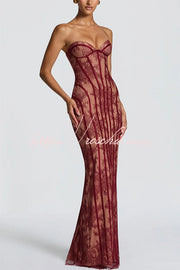 Floral Lace Strapless Maxi Dress with Lace-Up Back & Slit