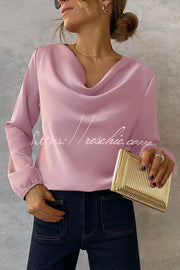 Satin Cowl Drape Neck Blouse – Long Sleeve Loose Fit Top