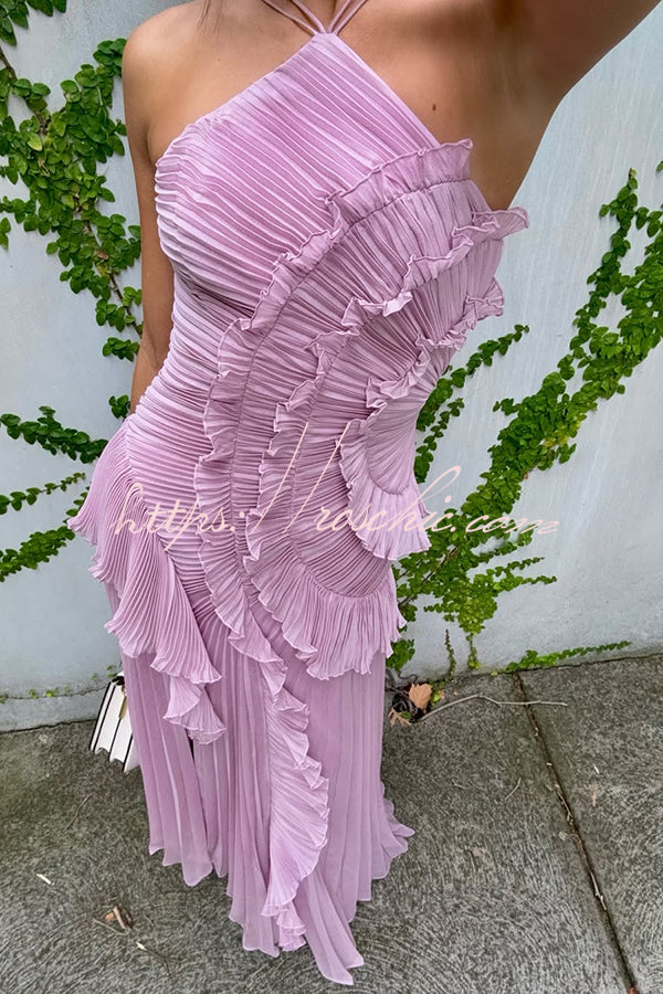 Pleated Ruffle Halter Maxi Dress – Asymmetric Party Gown
