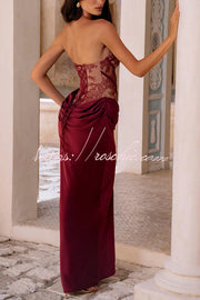 Floral Lace Strapless Maxi Dress with Lace-Up Back