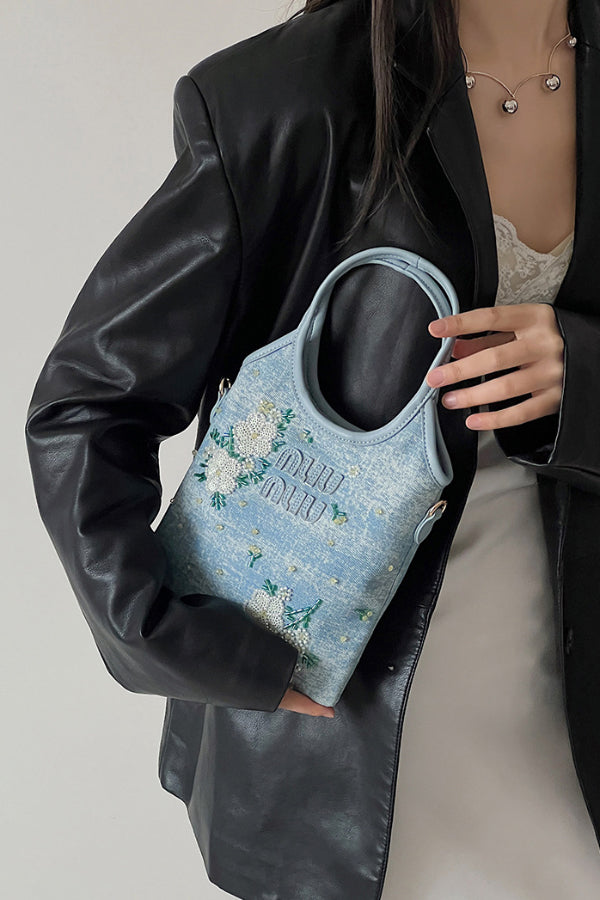Floral Embroidered Denim Tote Bag with Shoulder Strap