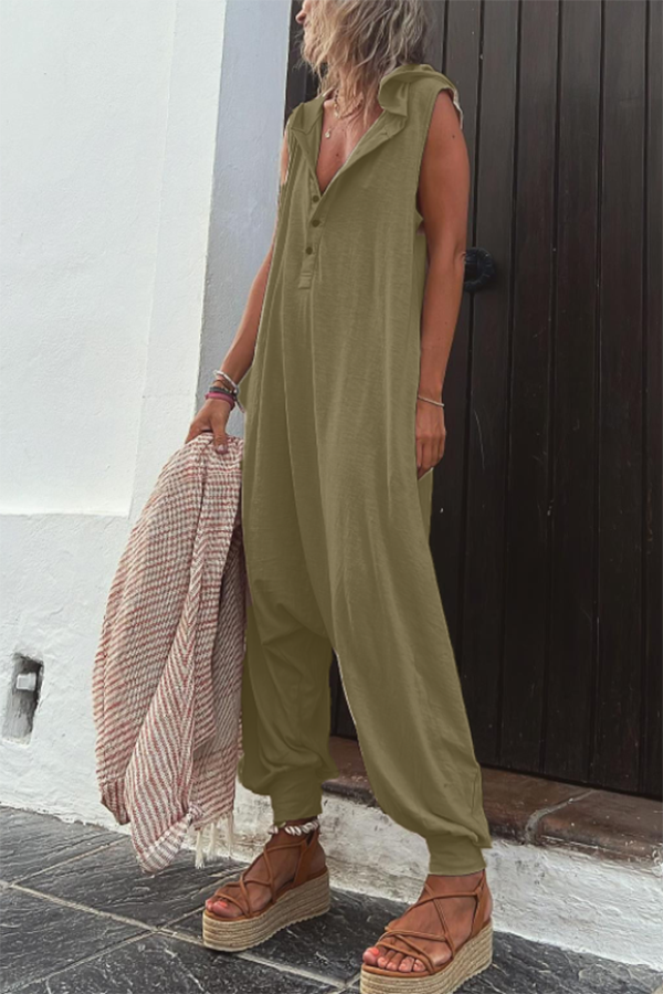 Sleeveless Hooded Cotton Blend Jumpsuit with Pockets