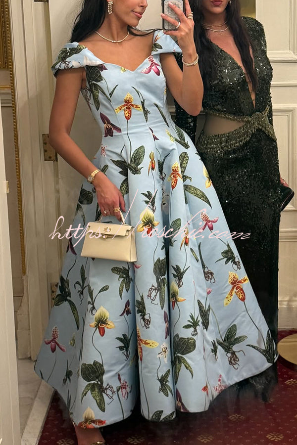 Floral Print V-Neck Short Sleeve Umbrella Hem Maxi Dress