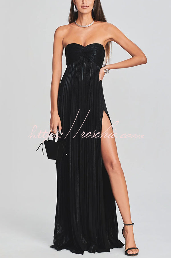 Metallic Pleated Off-Shoulder High Slit Maxi Dress