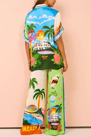 Satin Colorblock Print Oversized Button-Down Blouse