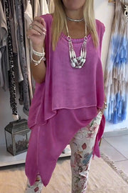 Sleeveless Loose Casual Top – Fake Two-Piece Irregular Hem