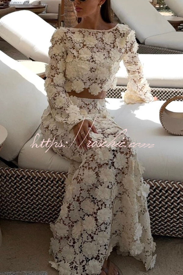 Lace Long Sleeve Backless Top & Fishtail Maxi Skirt Set