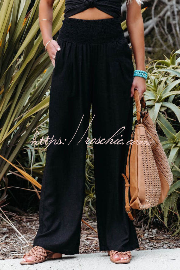 Smocked Pocketed Pants – Loose Fit Slub Cotton Vacation Style