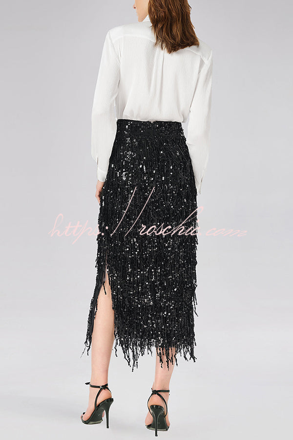 Sequin Midi Skirt with Layered Tassels and Back Slit