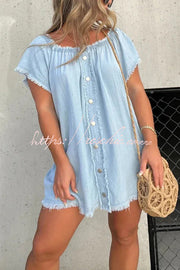 Off-Shoulder Denim Mini Dress – Loose Fit Short Sleeve