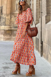 Puff Sleeve Tiered Midi Dress for Vacation Wear