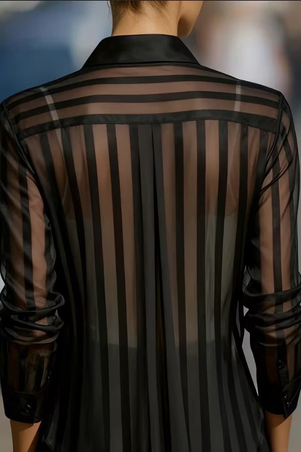 Sheer Striped Collared Shirt – Loose Long Sleeve Office Top