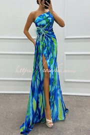 Watercolor Feather Print Off-Shoulder Chiffon Maxi Dress