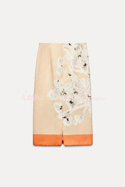 Linen Blend Flower Print High Rise Pencil Midi Skirt