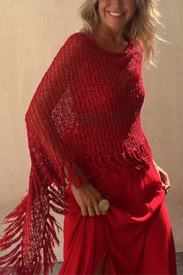 Hollow Out Tassel Knit Cover-Up Top | Batwing Sleeve