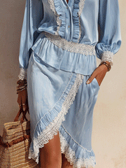 Light Blue Satin Shirt and Midi Skirt Set