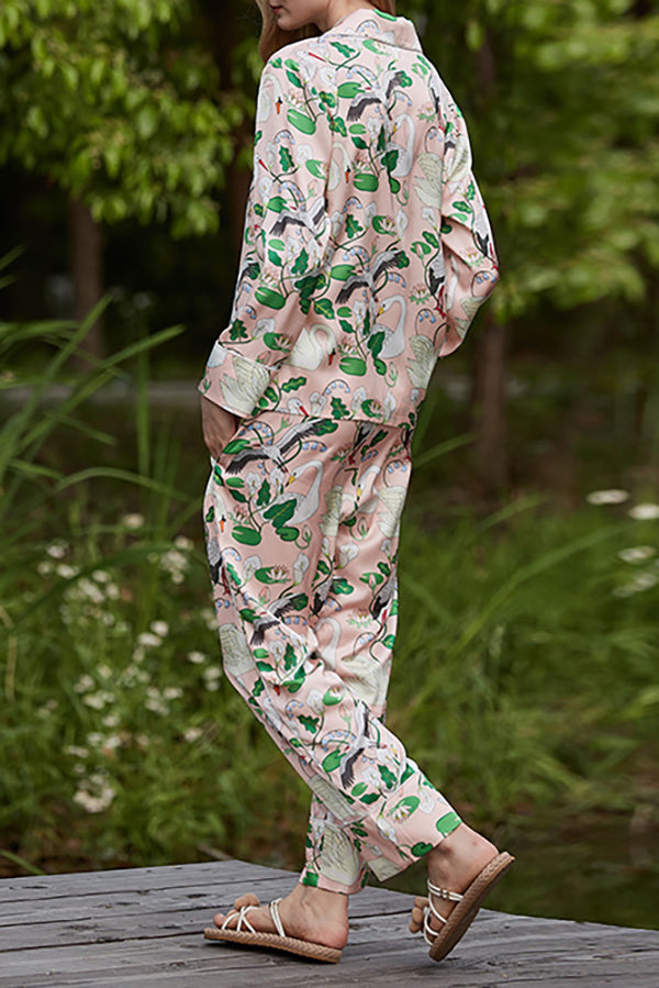 Swan Crane Printed Long Sleeve Two-Piece Set