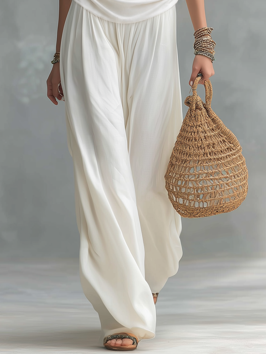 Ivory Cowl Neck Top & Wide Leg Pants Set