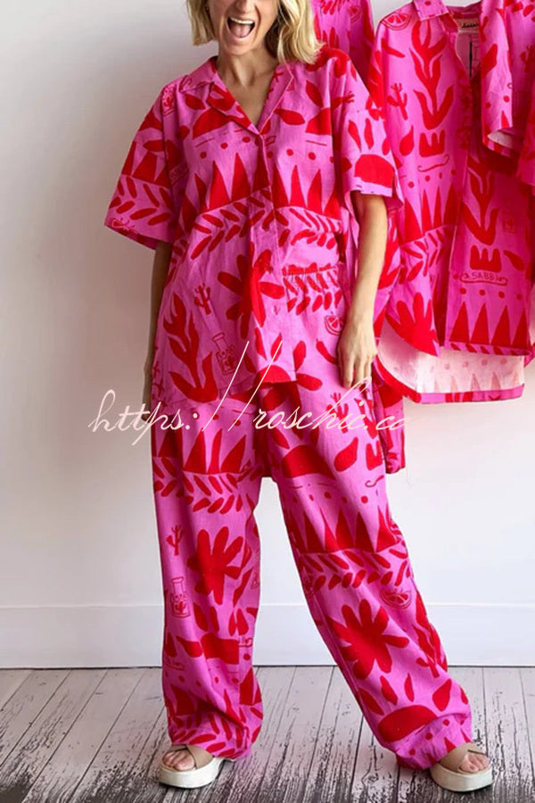 Linen Printed Shirt and Elastic Waist Pants Set
