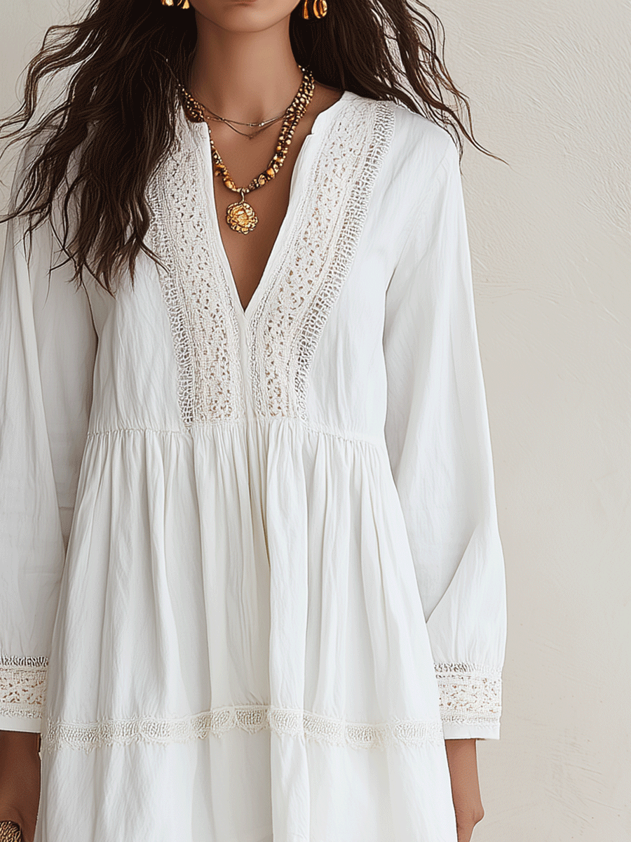 White Crochet V-Neck Mini Dress with Scalloped Hem