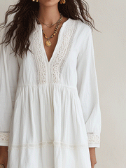 White Crochet V-Neck Mini Dress with Scalloped Hem