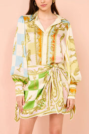 Satin Printed Tie-Up Wrap Mini Dress with Balloon Sleeves