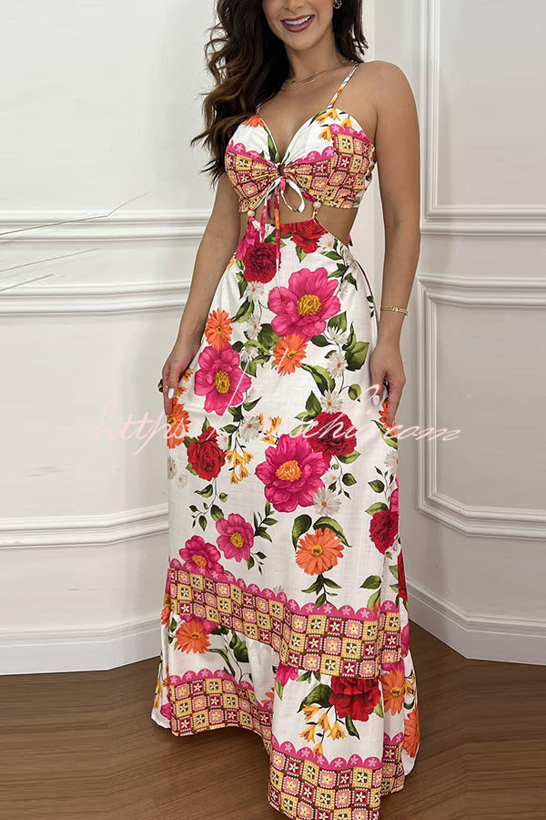 Tropical Print Maxi Dress - Lace-Up V Neck Vacation Dress
