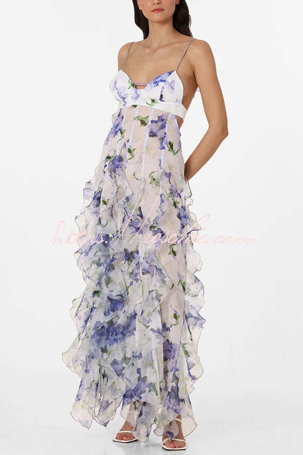 Chiffon Roses Print Ruffle Tiered Maxi Dress – V Neck