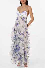 Chiffon Roses Print Ruffle Tiered Maxi Dress – V Neck