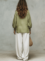 Sage Linen Blouse & Relaxed White Trousers Pants Set