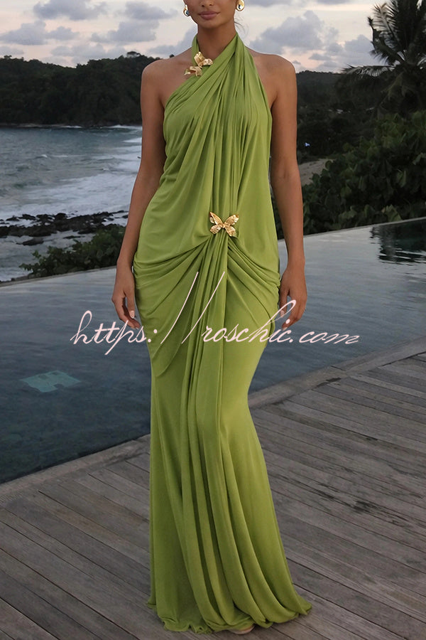One Shoulder Mesh Maxi Dress with Butterfly Metal Clips