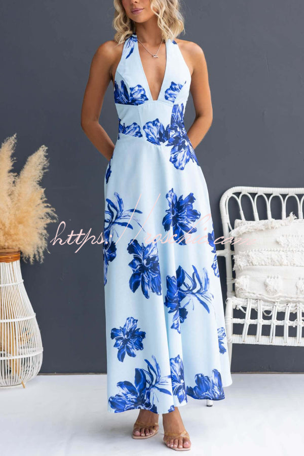 Floral Print Halter Neck Backless Maxi Dress