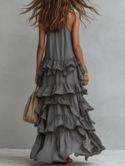 Grey Layered Ruffle Long Dress for Evening & Formal Wear