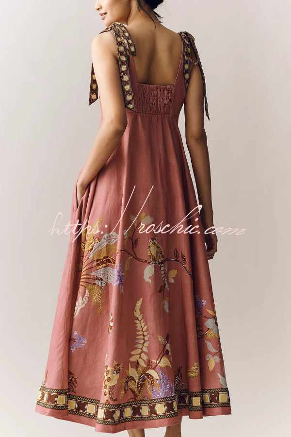 Linen Blend Printed Maxi Dress with Tie-Up Suspenders
