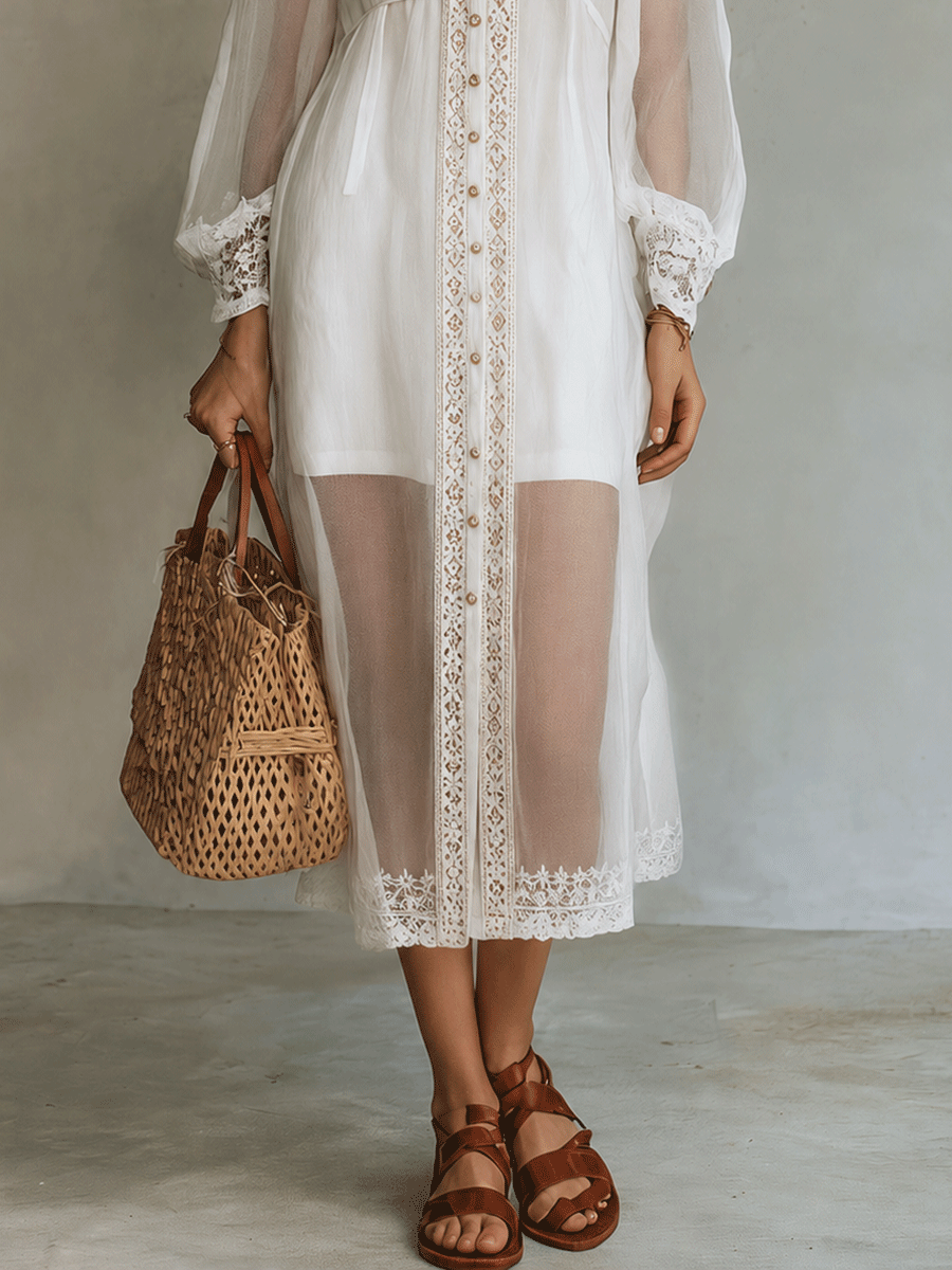 Pearl White Lace Midi Dress with Button-Front Detail