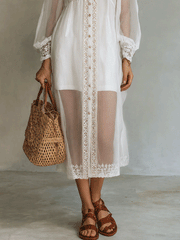 Pearl White Lace Midi Dress with Button-Front Detail