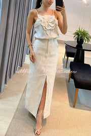 Linen Blend Floral Embroidered Tank & High-Rise Skirt Set
