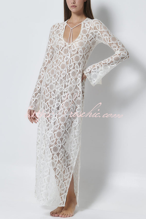 Floral Lace Long Sleeve Maxi Dress with Slit