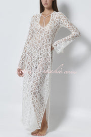 Floral Lace Long Sleeve Maxi Dress with Slit