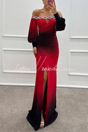 Gradient Print Off-Shoulder Gem Detail Maxi Gown Dress