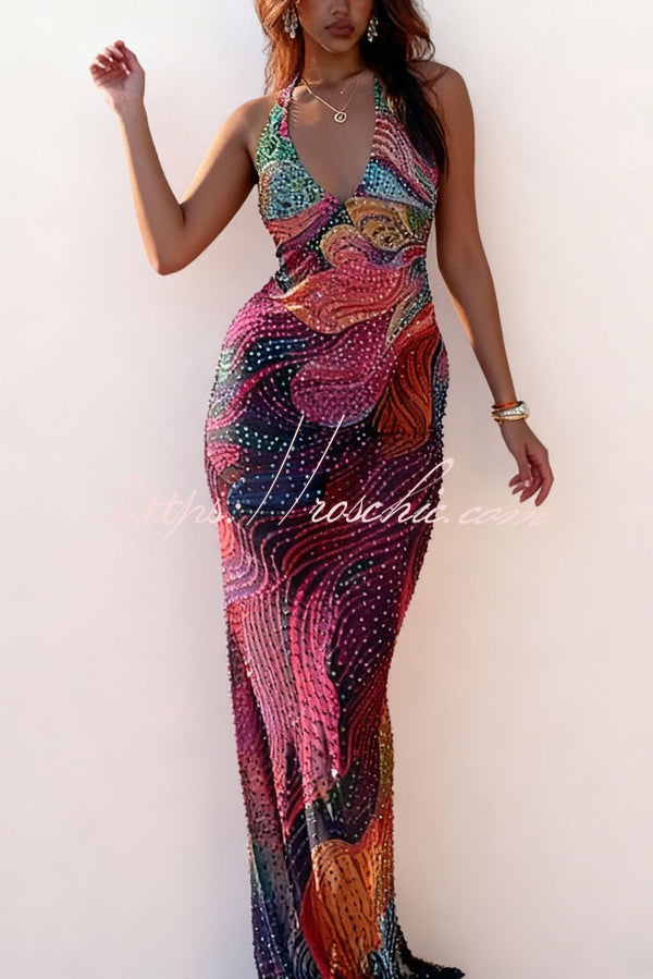 Colorful Printed Halter Neck Sleeveless Slim-Fit Maxi Dress