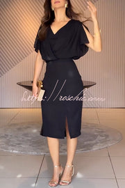 Chiffon Batwing Sleeve Midi Dress with Slit Detail