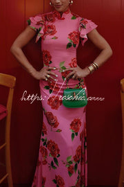Rose Floral Print Cheongsam Maxi Dress with Tiered Sleeves