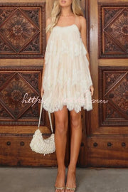 Layered Lace Trim Chiffon Backless Mini Dress with Adjustable Straps