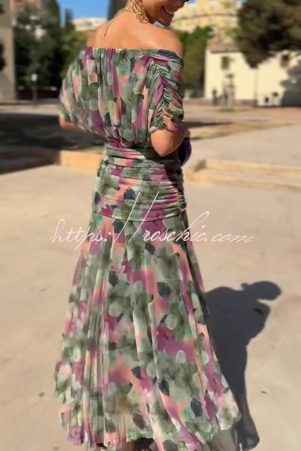 Printed V-Neck Waisted Mesh Maxi Dress for Vacation