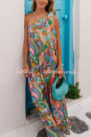 Satin One-Shoulder Maxi Dress – Rainbow Print Loose Fit