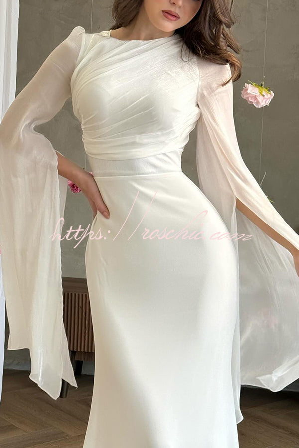 Ruched Organza Satin Patchwork Maxi Dress with Bell Sleeves