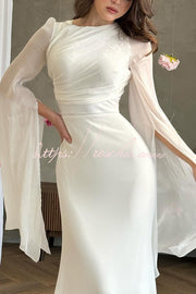 Ruched Organza Satin Patchwork Maxi Dress with Bell Sleeves